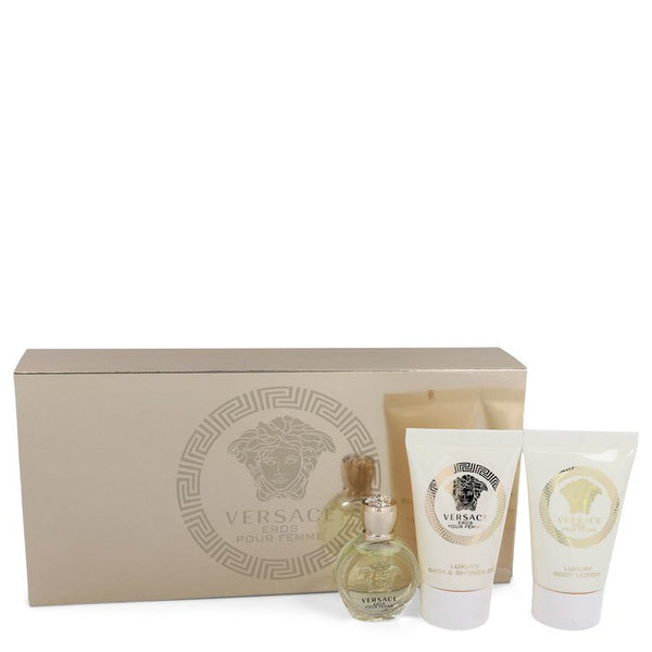 Versace Eros by Versace Gift Set -- .17 oz Mini EDP + .8 oz Shower Gel + .8 oz Body Lotion for Women