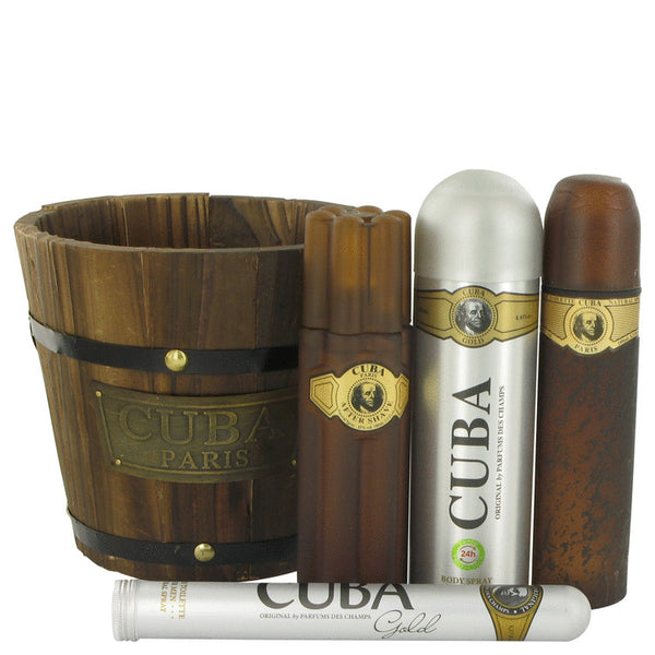 Cuba Gold by Fragluxe Gift Set -- 3.4 oz Eau De Toilette Spray + 1.17 oz Eau De Toilette Spray + 6.7 oz Body Spray + 3.3 oz After Shave for Men